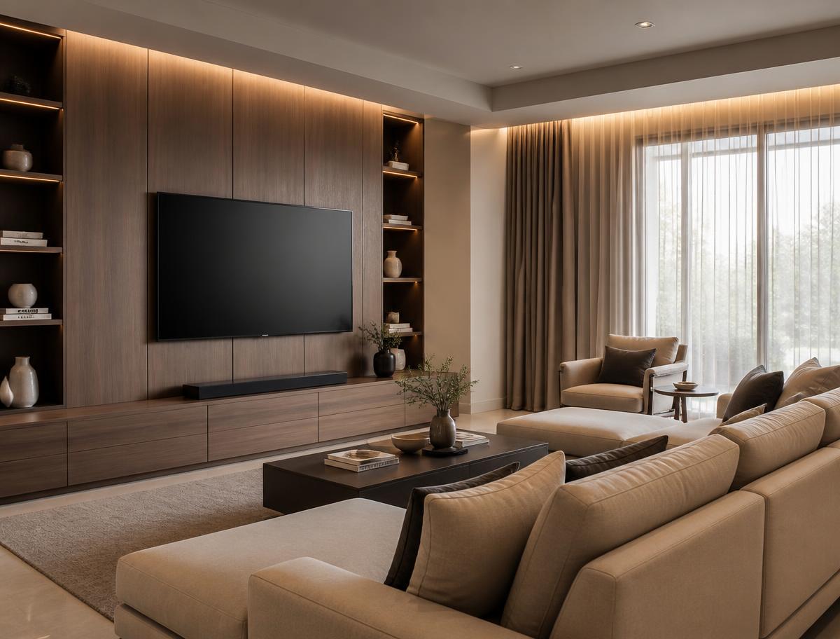 Home theater com painel amadeirado