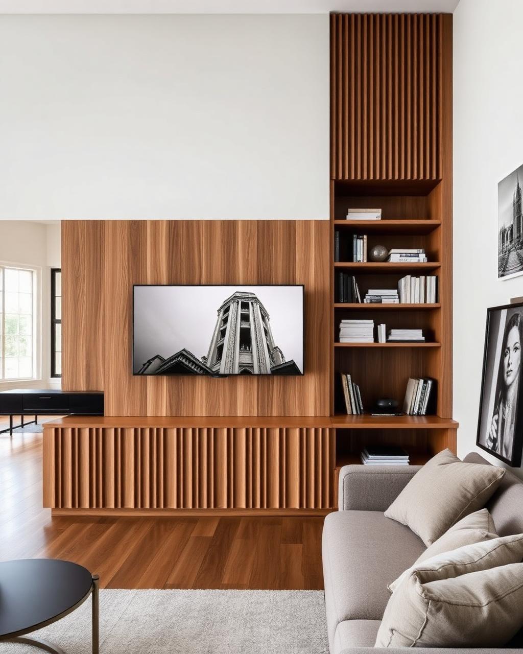 Sala de TV com painel ripado e estante